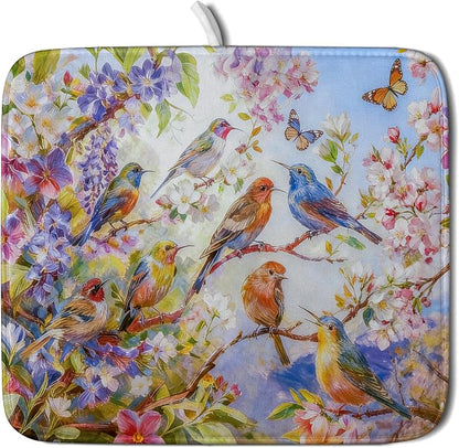Spring Bird Dish Drying Mats for Kitchen Counter Floral Small Dish Drying Pad by Giwawa