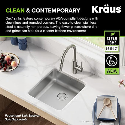 KRAUS Dex 17-inch Undermount 16 Gauge Stainless Steel Single Bowl ADA Kitchen Sink, KA1AS17B