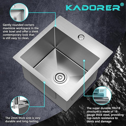 15 x 15 Inch Drop In Kitchen Bar Sink, Stainless Steel Single Bowl Topmount Bar Prep Sink Small Kitchen Sink with Basket Strainer