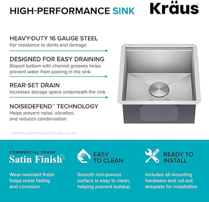 KRAUS Kore 17-Inch Undermount Workstation 16 Gauge Single Bowl Stainless Steel Bar Kitchen Sink with Accessories, KWU111-17