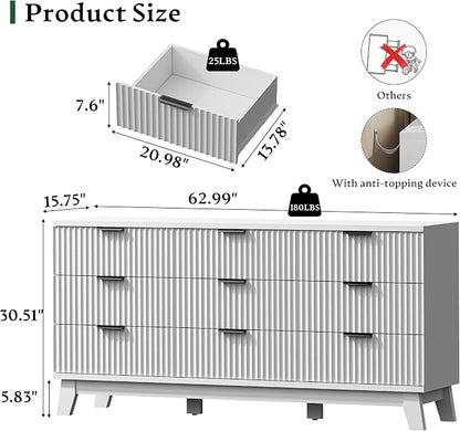Fluted Dresser with 9 Drawers, Wooden Dresser TV Stand, Wood Closet Clothes - Image 2