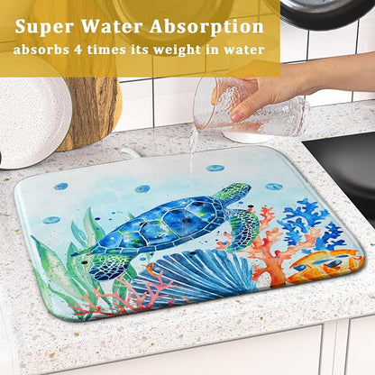 Giwawa Sea Turtle Dish Drying Mat 16x18in Watercolor Blue Tortoise Dish Drainer - Image 7