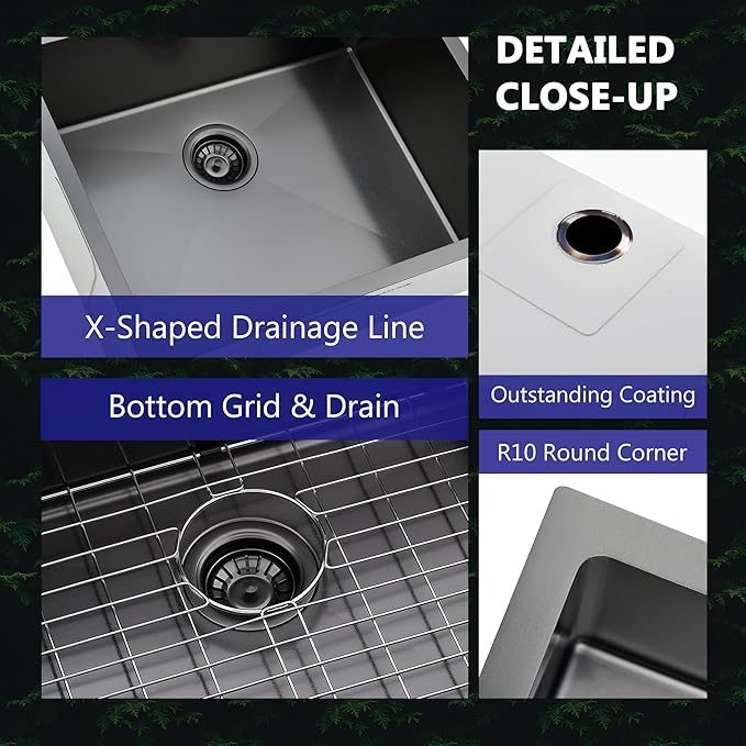 Comllen 25 x 22 Inch Drop In Black Kitchen Sink,Topmount 16 Gauge Stainless Steel Black Kitchen Sinks, 9 Inch Deep Utility RV Sink with Dish Grid and Basket Strainer