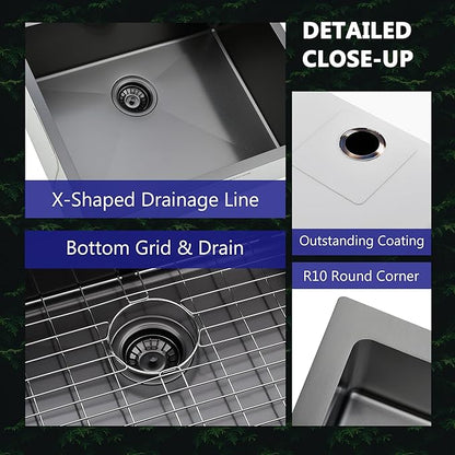 Comllen 25 x 22 Inch Drop In Black Kitchen Sink,Topmount 16 Gauge Stainless Steel Black Kitchen Sinks, 9 Inch Deep Utility RV Sink with Dish Grid and Basket Strainer