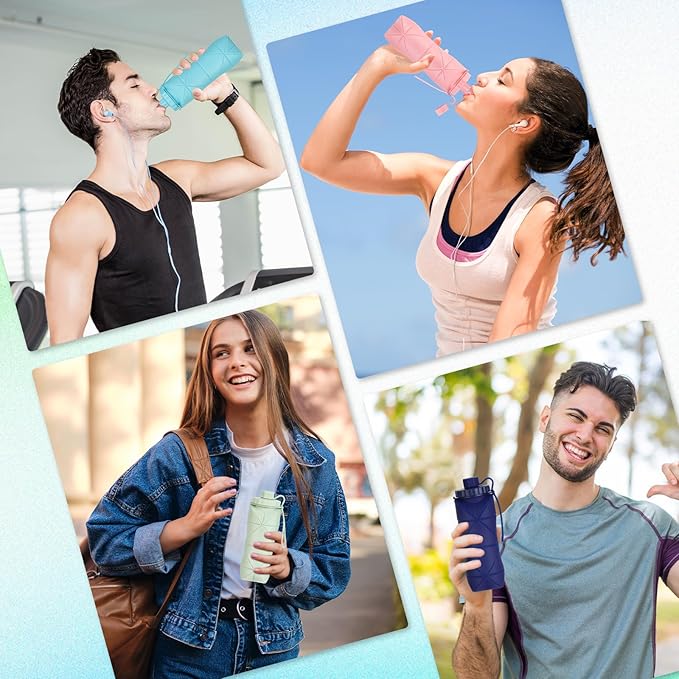 YCT Collapsible Silicone Travel Water Bottle 20oz (600ml), Reuseable Leakproof BPA Free Foldable Sports Bottle, with Carrying Strap, Dark Blue + Pink