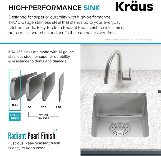 KRAUS Dex 17-Inch Undermount Single Bowl TRU16 Gauge Stainless Steel Kitchen Bar Sink with DrainAssure WaterWay and VersiDrain Assembly in Radiant Pearl Finish, KD1US17B