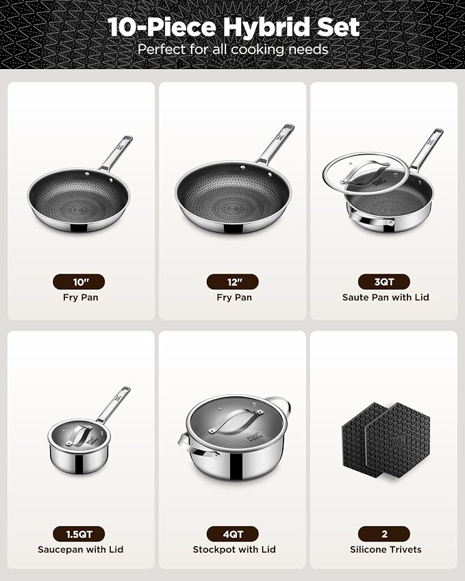 Pots and Pans Set Hybrid Stainless Steel, Dishwasher & Oven Safe, Metal Utensil - Image 2