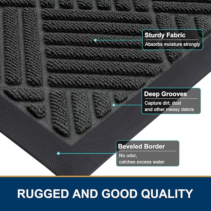 Smiry Front Door Mat Outside Entrance, Heavy Duty Outdoor Indoor Natural Rubber Doormat, Non Slip, Trap Dirt and Moisture, Easy Clean, Low Profile Patio Porch Entryway Mat, 29.5x17, Black