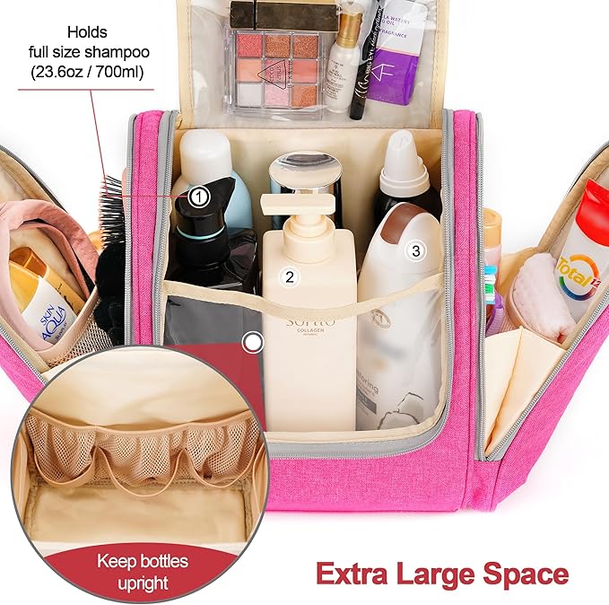 Extra Large Toiletry Bag for Women and Men, 6 Organizer Compartments, Holds Full Size Shampoo, with Hanging Hook Cosmetic Bag, Travel Makeup Bag, Bathroom Water-resistant Toiletries Bag, Rose Red
