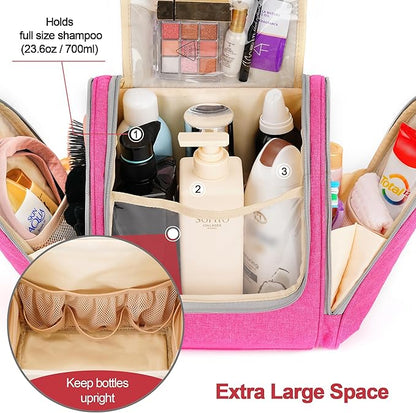 Extra Large Toiletry Bag for Women and Men, 6 Organizer Compartments, Holds Full Size Shampoo, with Hanging Hook Cosmetic Bag, Travel Makeup Bag, Bathroom Water-resistant Toiletries Bag, Rose Red
