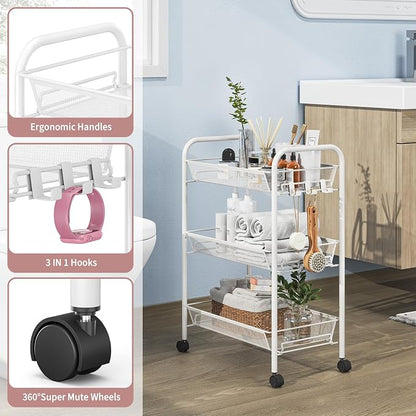 TOOLF 3-Tier Metal Rolling Cart, Mesh Wire Easy Assemble Utility Cart, Storage - Image 5