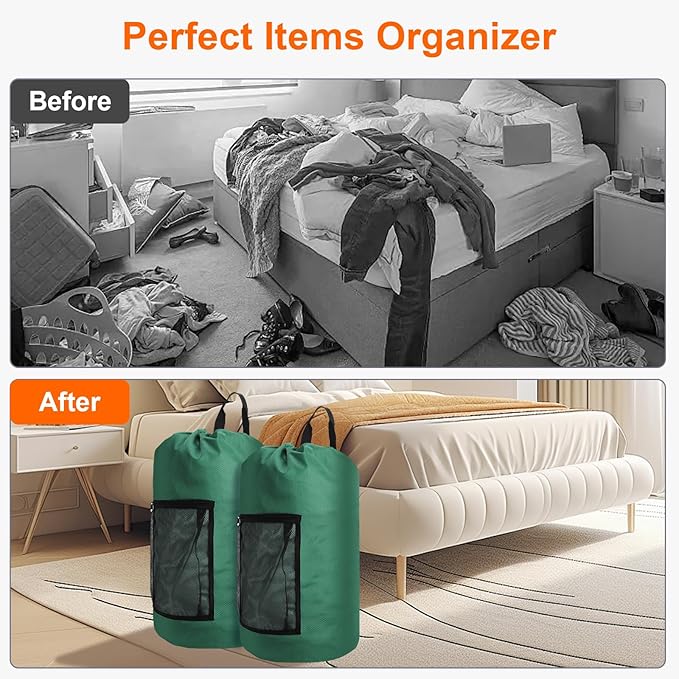 Femuar Laundry Bag Backpack Durable Laundry Bag with Shoulder Straps and Mesh Pockets Portable Laundry Dirty Clothes Hamper Bag for College Dorm (Green)