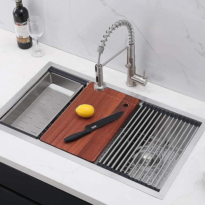 COMLLEN 33 Inch Double Bowl Undermount Kitchen Sink,33x19 Inch Workstation 16 Gauge Stainless Steel Double Kitchen Sinks with Cutting Board,9 Inch Deep Sink Maximizes Space Efficiency