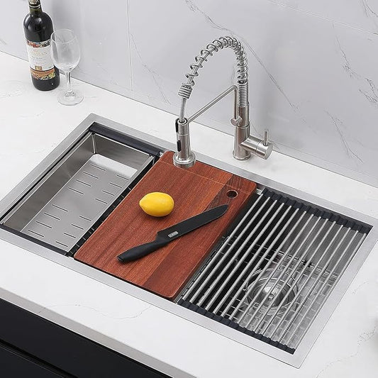 COMLLEN 33 Inch Double Bowl Undermount Kitchen Sink,33x19 Inch Workstation 16 Gauge Stainless Steel Double Kitchen Sinks with Cutting Board,9 Inch Deep Sink Maximizes Space Efficiency