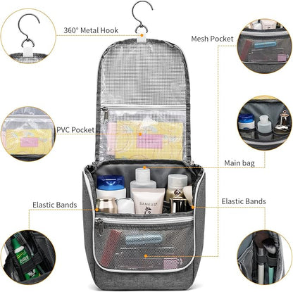 Della Gao Travel Hanging Toiletry bag for Men & Women, Water-resistant Sturdy Nylon Toiletries Organizer for Cosmetics, Makeup Brushes, Shaving Tools, Bathroom Bag, Grey