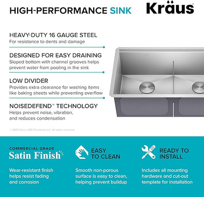 KRAUS Kore 33-Inch Undermount Workstation 16 Gauge Double Bowl Stainless Steel Kitchen Sink with Accessories, KWU112-33