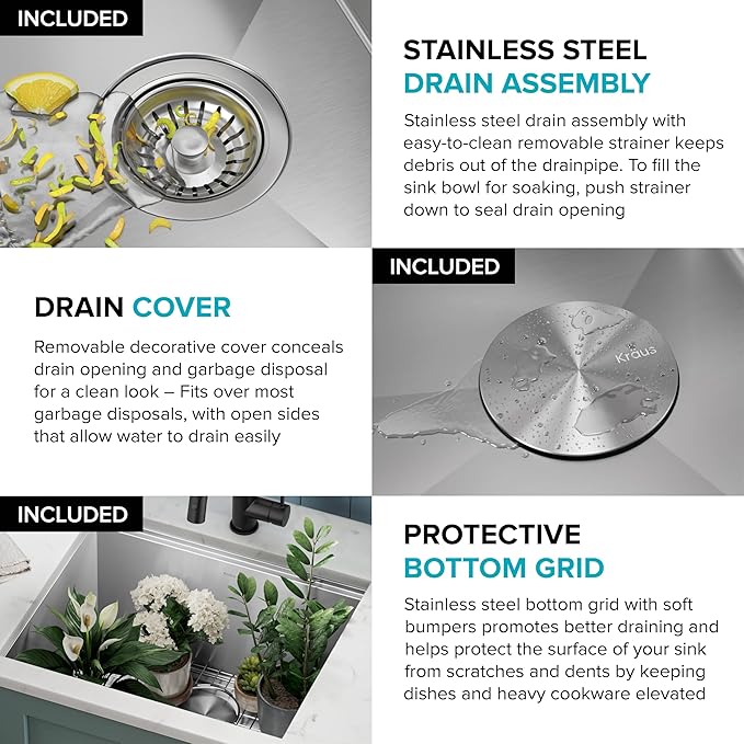 KRAUS Kore 23-Inch Undermount Workstation Single Bowl 16 Gauge Deep Laundry Utility Stainless Steel Kitchen Sink with Accessories, KWU100-23L