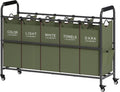 Tajsoon 5 Sections Laundry Sorter, Laundry Hamper with Heavy Duty Lockable Wheels and Removable Bags, 5 Bag Laundry Sorter Cart for Dirty Clothes Storage, Laundry Separator Hamper, Green
