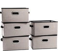 PRANDOM Large Fodable Storage Bins for Closet [5-pack] Decorative Linen Fabric Storage Bins Cubes with Leather/Metal Handles for Shelves Bedroom Living Room Light Grey (14.9x9.8x8.3 Inch)