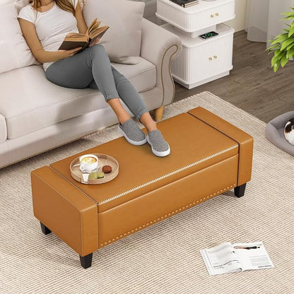 48.8" Storage Ottoman Bench Brown | Faux Leather Bedroom Bench - Image 6