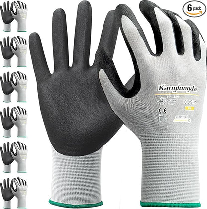 6-Paris XL Work Gloves for Men and Women, Nitrile Coated Safety Protective by KEBADA