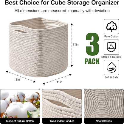 11 Inch Cube Storage Bins, Organizer Bins, Woven Cotton Rope Baskets - Image 3