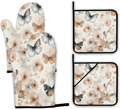 Butterfly Oven Mitts and Pot Holders, Boho Floral Flower Heat Resistant Oven by Unknown
