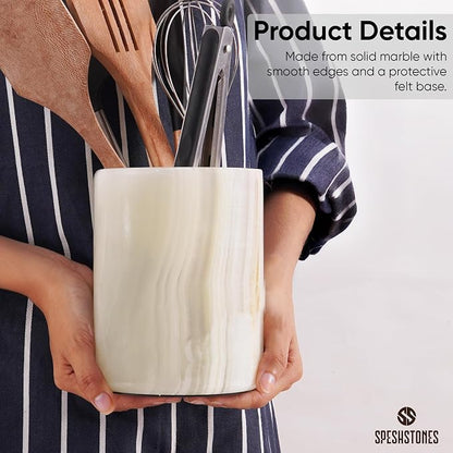 Marble Utensil Holder 6.5 Inch Cream Onyx Wooden Cooking Utensils Set & Spatula - Image 5