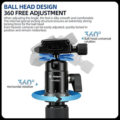 Fotopro 73" Camera Tripod, Aluminum Compact Travel Tripod and Monopod with 360° Ball Head Quick Release Plate, Professional Camera Tripod for DSLR, A4I A5I (Blue, 73 Inch)