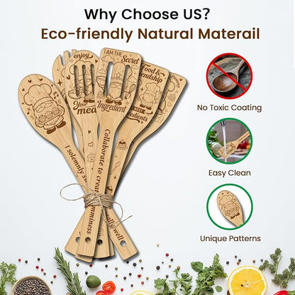 CUTHOLLOW 6PCS Chef Gnome Wooden Kitchen Cooking Utensil Set, 11.9in Non Toxic - Image 3