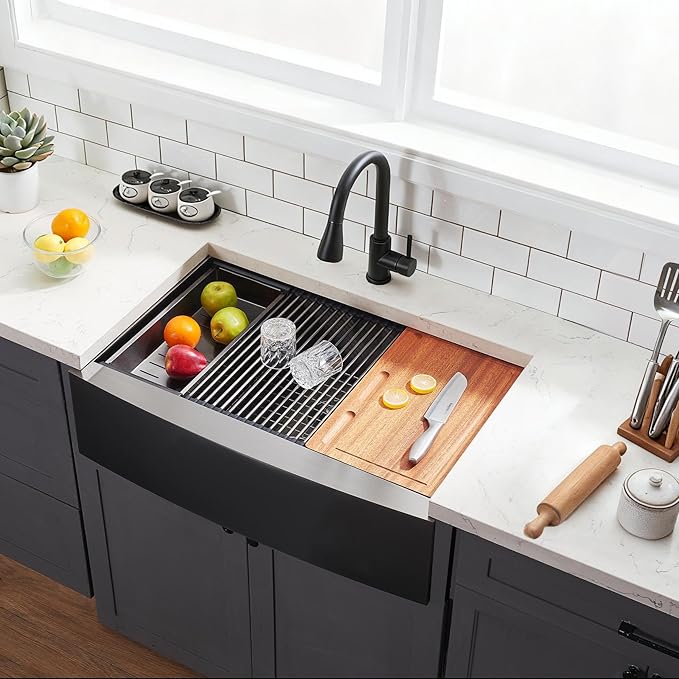 Black Farmhouse Sink 33 Inch - COMLLEN 33x22 Apron Front Farmhouse Kitchen Sinks 16 Gauge Stainless Steel Undermount Ledge Workstation Deep Single Bowl Luxury Rustic Farm Sinks with All Accessories