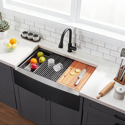 Black Farmhouse Sink 33 Inch - COMLLEN 33x22 Apron Front Farmhouse Kitchen Sinks 16 Gauge Stainless Steel Undermount Ledge Workstation Deep Single Bowl Luxury Rustic Farm Sinks with All Accessories