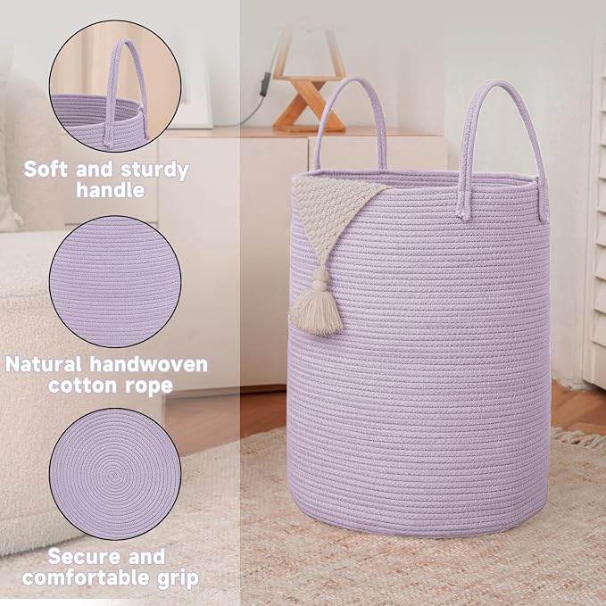 Large Woven Laundry Basket Hamper, 100L Cotton Rope Storage Bin - Image 6