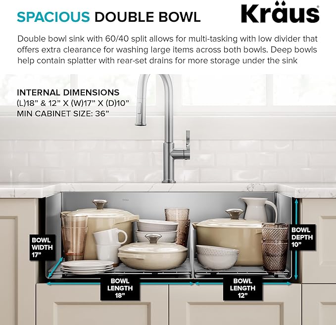 Kraus Kitchen Sinks Undermount - 32 Inch Stainless Steel Kitchen Sink, 60/40 Double Bowl, 16 Gauge, Model KHU103-32