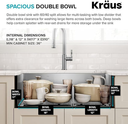 Kraus Kitchen Sinks Undermount - 32 Inch Stainless Steel Kitchen Sink, 60/40 Double Bowl, 16 Gauge, Model KHU103-32