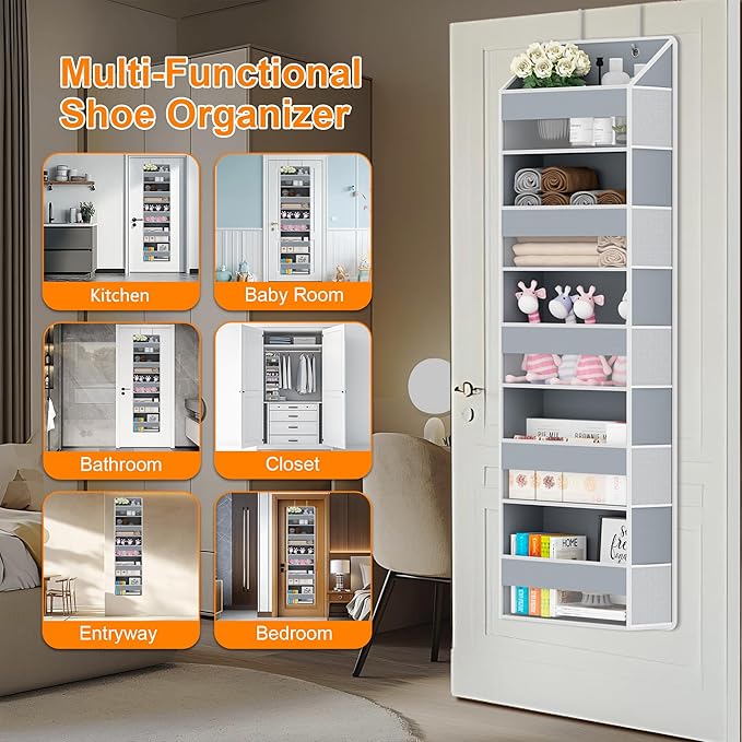 Over The Door Organizer - Over Door Storage Organizer with 5 Large Pockets & 10 Mesh Side Compartments - Heavy-Duty Hanging Storage for Bathroom, Bedroom & Closet - Baby Room Organize Solution