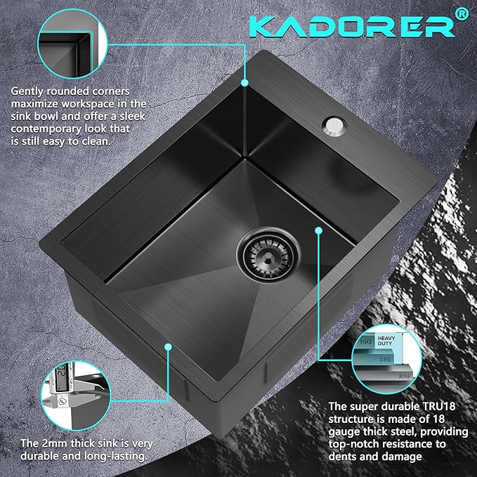 15 x 20 Inch Black Drop In Kitchen Sink - Single Bowl Topmount Bar Prep Sink - 18 Gauge Stainless Steel with Grid and Basket Strainer