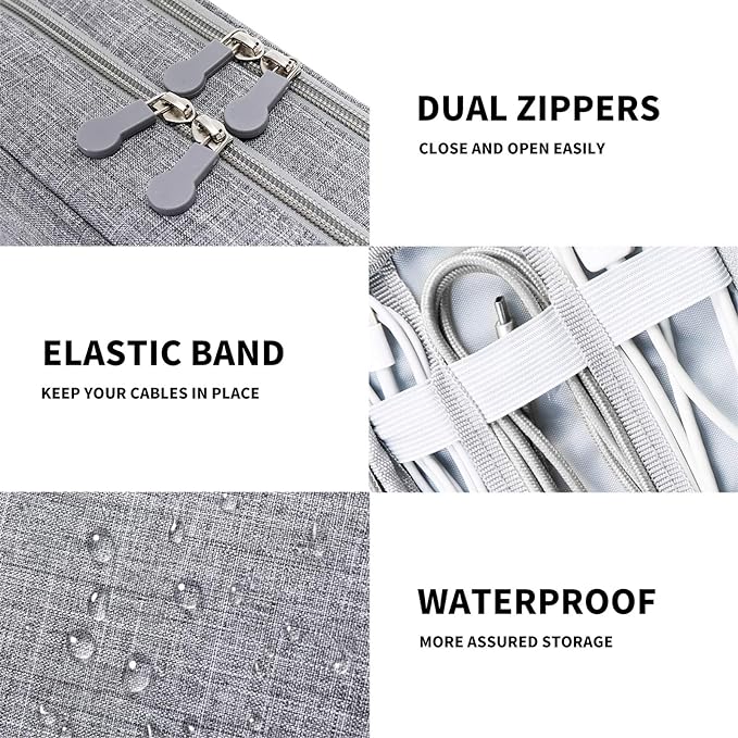 MIRLEWAIY Portable Electronics Accessories Organizer Bag Travel Charger Cable Storage Soft Case Double Layer for Hard Drives, Cord, USB, SD Cards Carrying, Grey