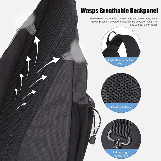 mixi Sling Bag Men Backpack Unisex One Shoulder Bag Hiking Travel Backpack Crossbody with USB Port for Men Women Versatile Casual Daypack-19 inch,Black