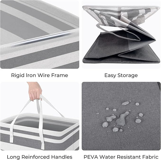 HomeHacks 2 Pack Large Laundry Baskets, Waterproof, Freestanding Laundry Hampers, Collapsible Clothes Hamper with Reinforced Handles in Laundry, College Dorm, Bathroom, Bedroom (Grey+Blue, 75Lx2)