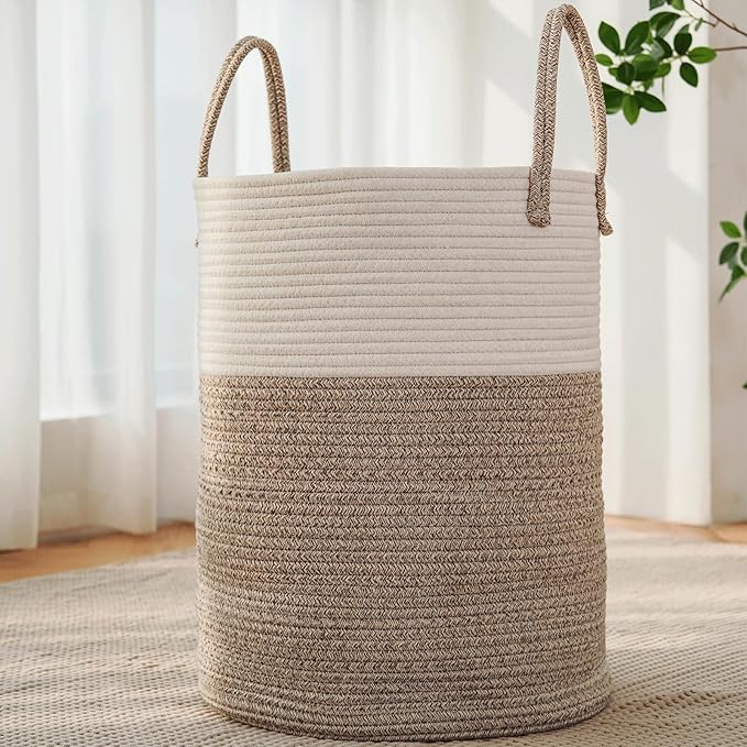 Large Woven Laundry Basket Hamper, 80L Cotton Rope Storage Bin by JMvicyroam