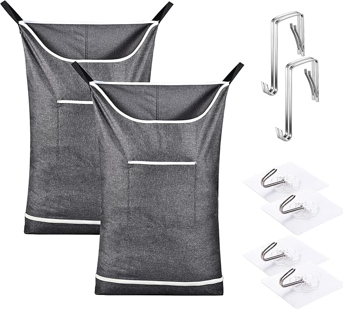 Hanging Laundry Hamper Bag Behind Door Hampers for Laundry Hanging Save Space Zipper Laundry Hamper Door Hanging with 2 PCs Stainless Steel Hooks Suction Hooks for Wall/Bathroom (Grey-2Pack)