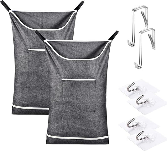 Hanging Laundry Hamper Bag Behind Door Hampers for Laundry Hanging Save Space Zipper Laundry Hamper Door Hanging with 2 PCs Stainless Steel Hooks Suction Hooks for Wall/Bathroom (Grey-2Pack)