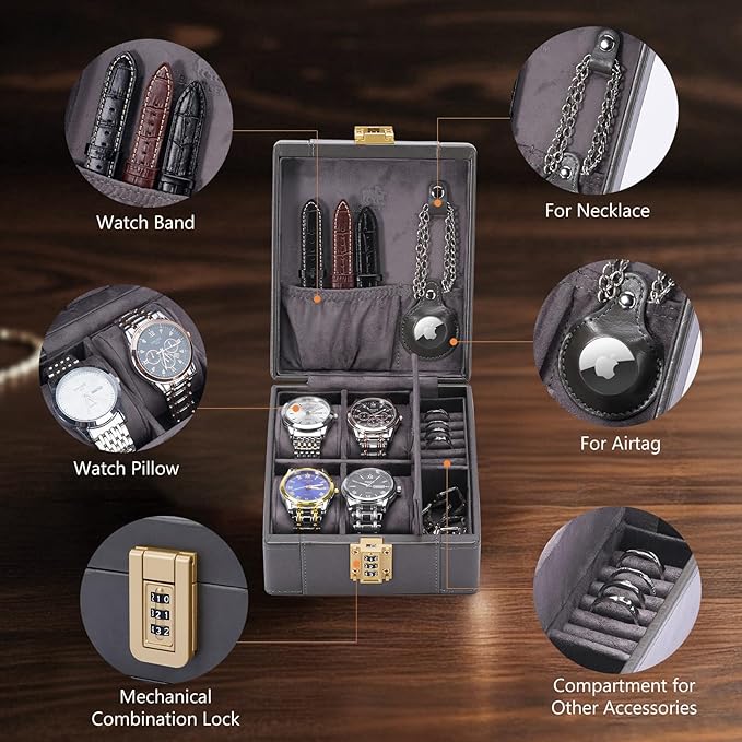 BISON DENIM Watch Box, 4 Watch Travel Case with Combination Lock - PU Leather Men's Watch Storage Box & Jewelry Organizer with Ring Slots & Necklace Hooks, Secure Travel Case, Grey