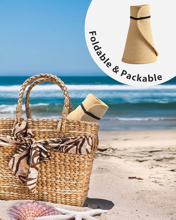 FURTALK Sun Hats for Women Wide Brim Beach Hat Straw Visor Ponytail Summer UV Packable Foldable Beach Vacation Essentials
