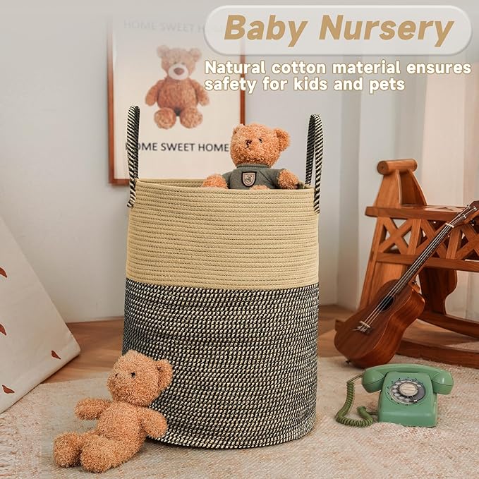 Large Woven Laundry Basket Hamper, 80L Cotton Rope Storage Bin - Image 2