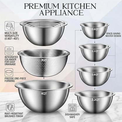 DUTZUN Heavy-Duty Stainless Steel Mixing Bowls Set of 5 plus 3QT Colander - Image 2