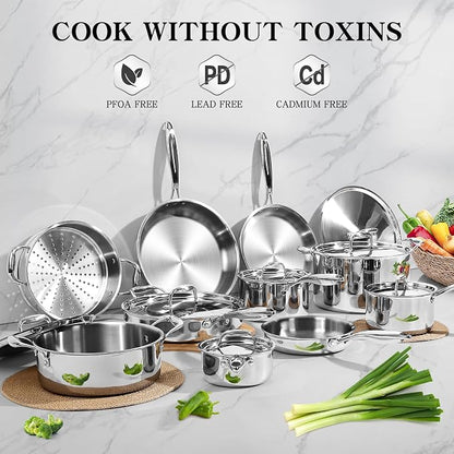 EWFEN Stainless Steel Cookware Set, 3 Ply 17 Piece Stainless Steel Pot and Pan - Image 2