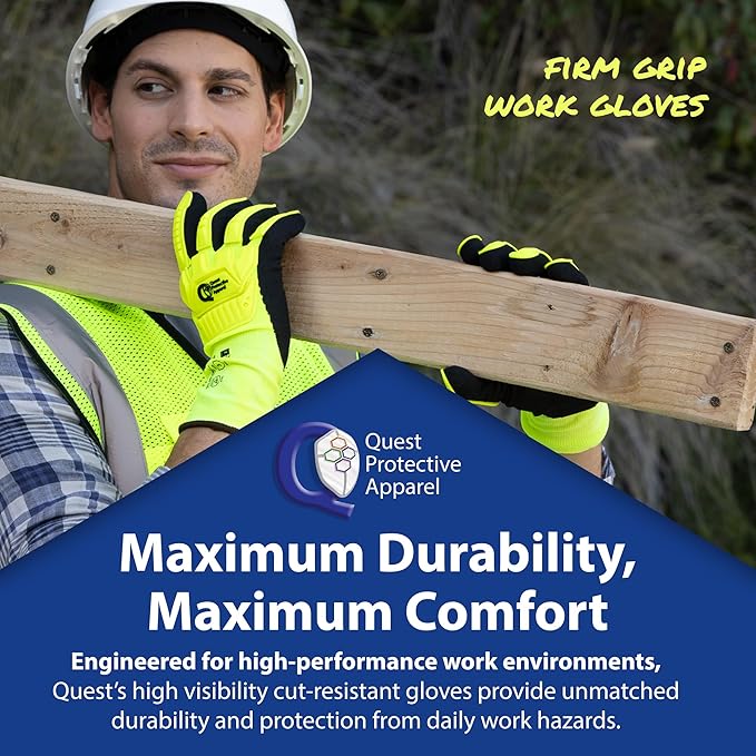 Quest Protective Apparel - High Visibility Cut Resistant Work Gloves - Puncture Resistant Safety Gloves for Men and Women Small, 1 Pair