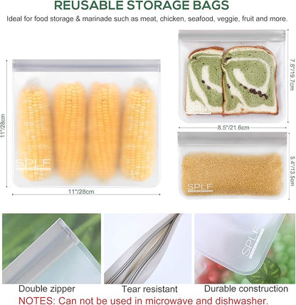 SPLF 18 Pack BPA FREE Reusable Storage Bags (6 Gallon Freezer Bags, 6 Sandwich Bags, 6 Snack Bags), Extra Thick Leakproof Silicone and Plastic Free Lunch Bag